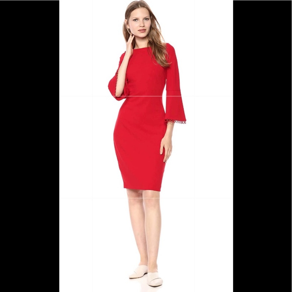 Calvin Klein Circle Trim Bell Sleeve Dress Red Sz6